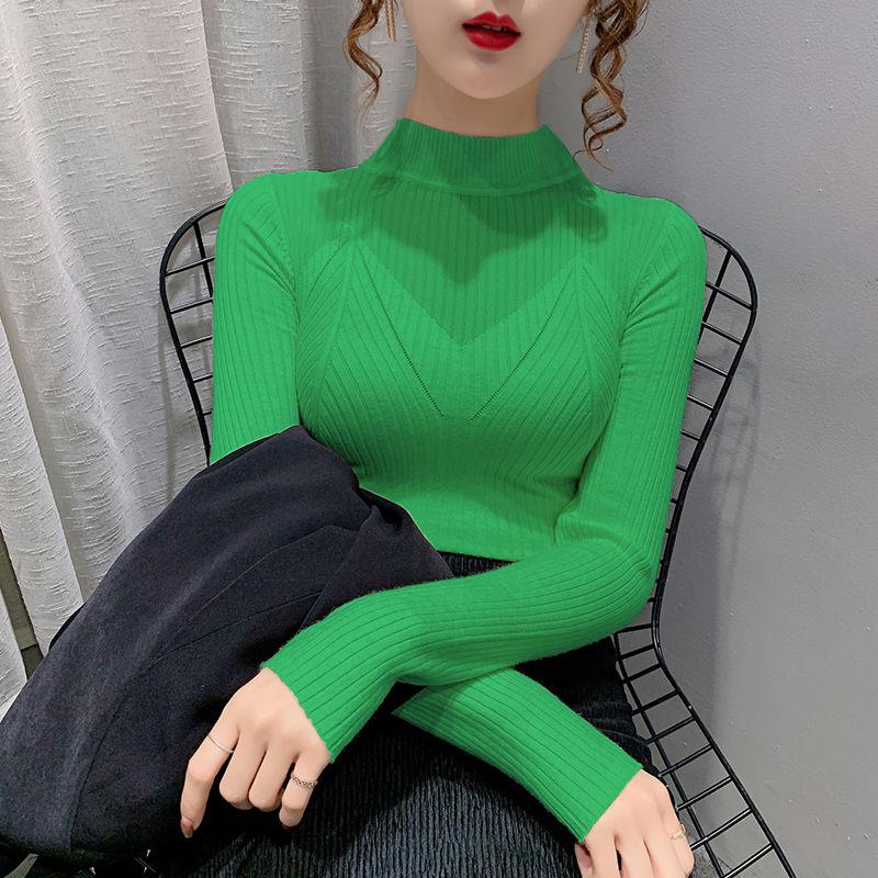 Half High Neck Hollow Mesh Knitted Base Shirt for Women In Autumn and Winter Korean Carved Lace Inner Sweater Women's Top