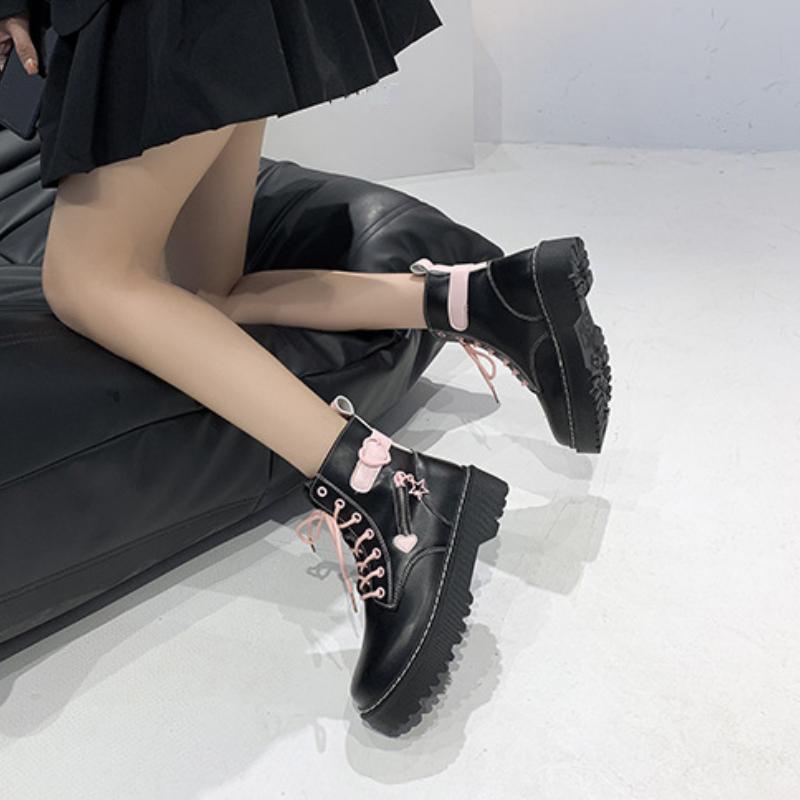 European and American Mid Length Boots  Autumn New Thick Soled Front Lace Up Stitching Design Sense Versatile Women's Boots