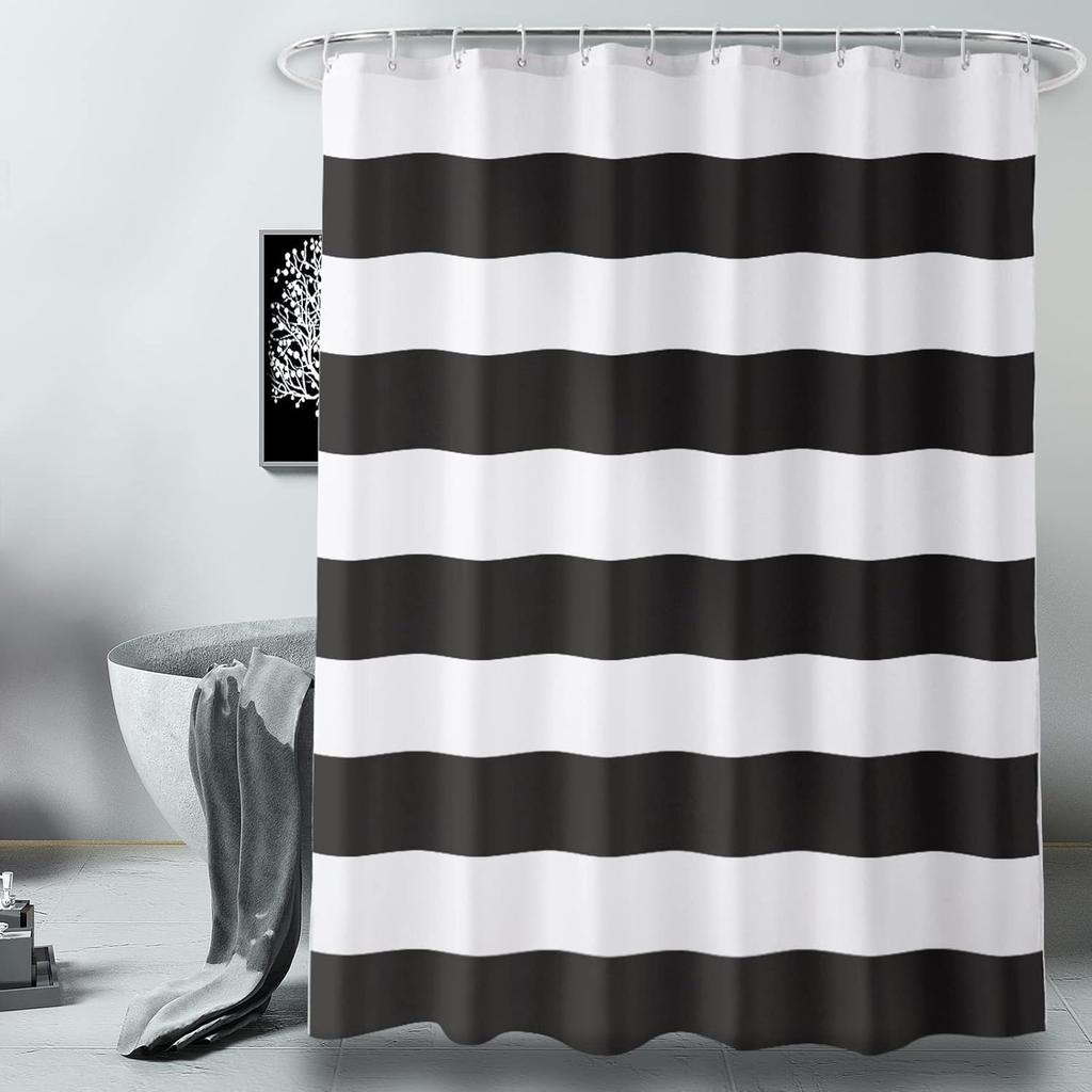 AmazerBath Navy Blue Shower Curtain, 72" W x 72" H Blue and White Stripes, Fabric for Bathroom, with 2 Heavy Stones