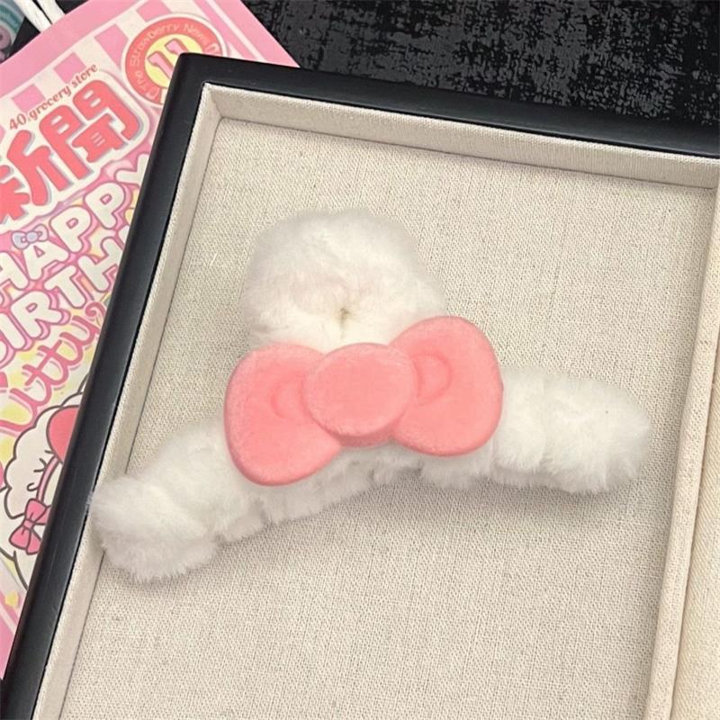 Pink Flocking Bow Cute Girly Heart Plush Hair Clips Sweet Shark Clip  Versatile Hair Accessories Exquisite Headgear Gifts белый