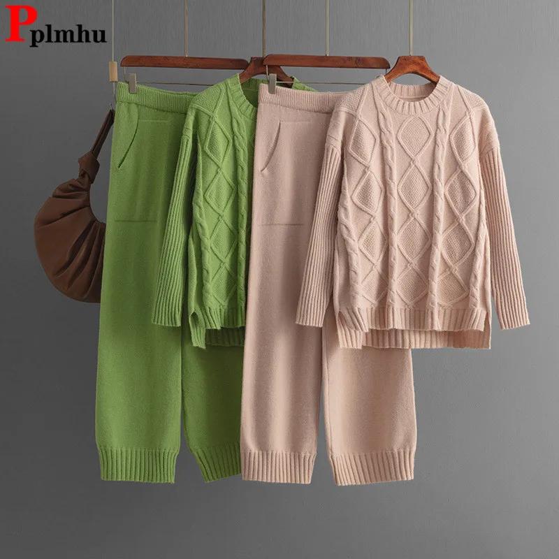 Fall Winter O-neck Sweater Pullover Tops Conjuntos Women Thick Knitted 2 Piece Sets Casual High Waist Straight Pants Outfits
