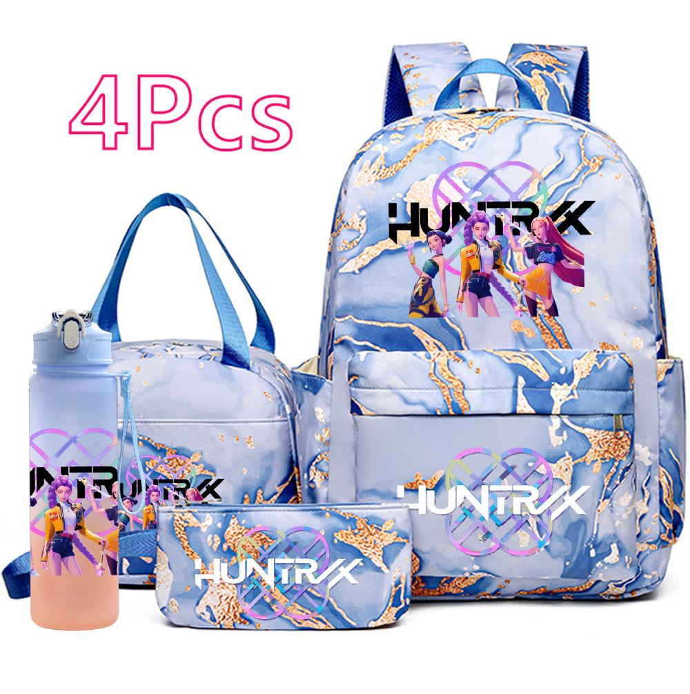 4 st/set K-Pop Tryckt Ryggsäck Handväska Pennfodral med 750 ml Vattenflaska för Tonårspojke Flicka Skolväska Student Stor Kapacitet Bokväska Barn Gåva