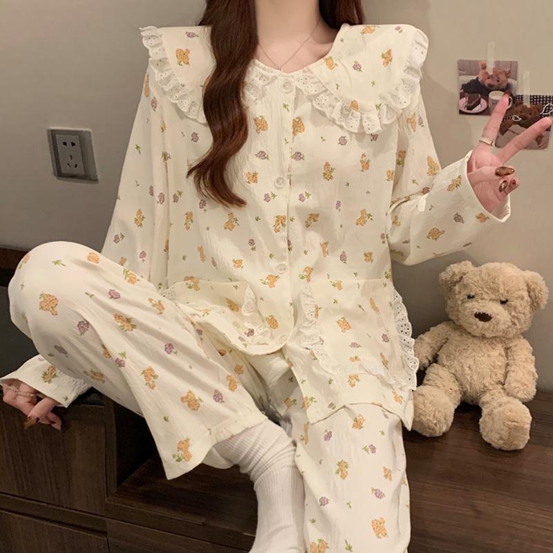 Women's Cartoon Lace Peter Pan Collar Cotton Pajamas - Long Sleeve, Spring/Fall, Winter Style