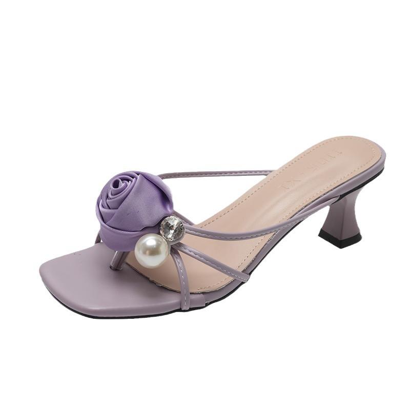 2025 new high heel flower cool slippers fairy style fashion pearl thin heel square head word with sandals