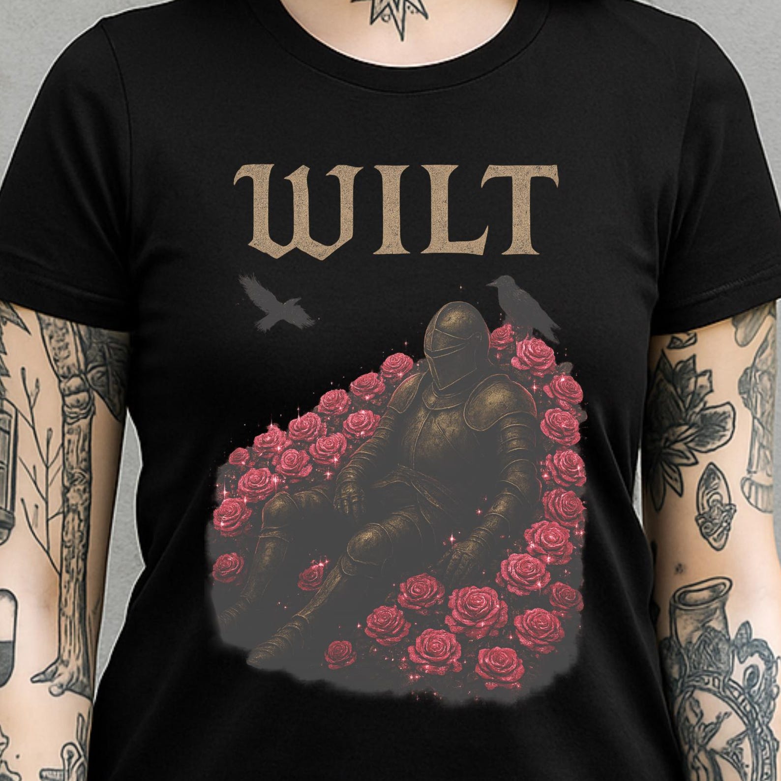 Gothic Knight & Pink Roses T-Shirt – Dark Fantasy Graphic Tee 4XL