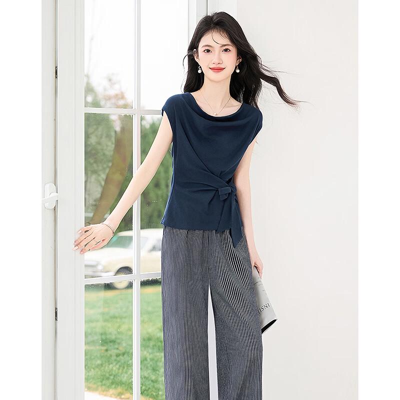Women's Elegant Tie-Sleeve Top & Striped Pants Set