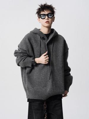 Hong Kong Style Men's Solid Color Hooded Knit Sweater for Autumn/Winter.