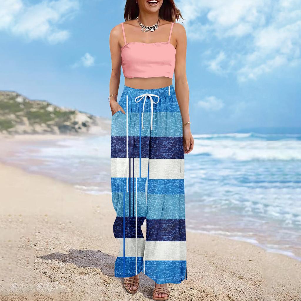 Women Summer Boho Palazzo Pants High Waist Wide Leg Floral Printing Casual Trousers With Pockets