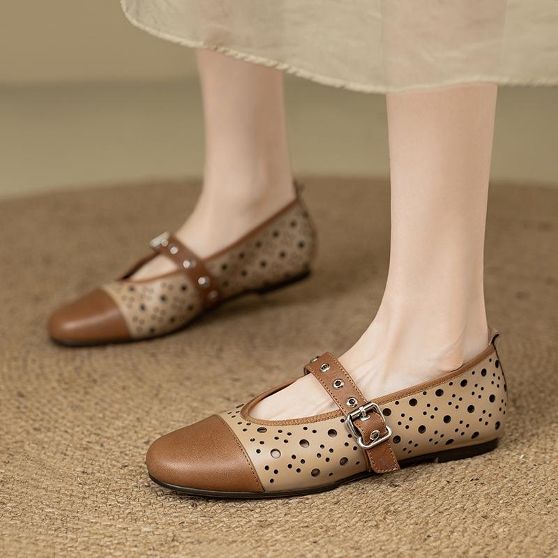 Fashion Women's new spring round toe retro low heel leather cowhide oversized hollow rivets Mary Jane breathable single shoe