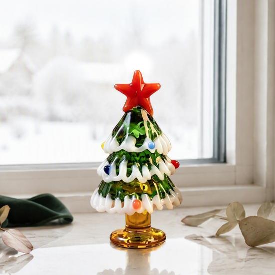 Collectable Glass Table Decor Handmade Mini Christmas Tree Figurine, Blown Tabletop Ornament with Solid Craftsmanship Pieces Star Topper, Desktop for