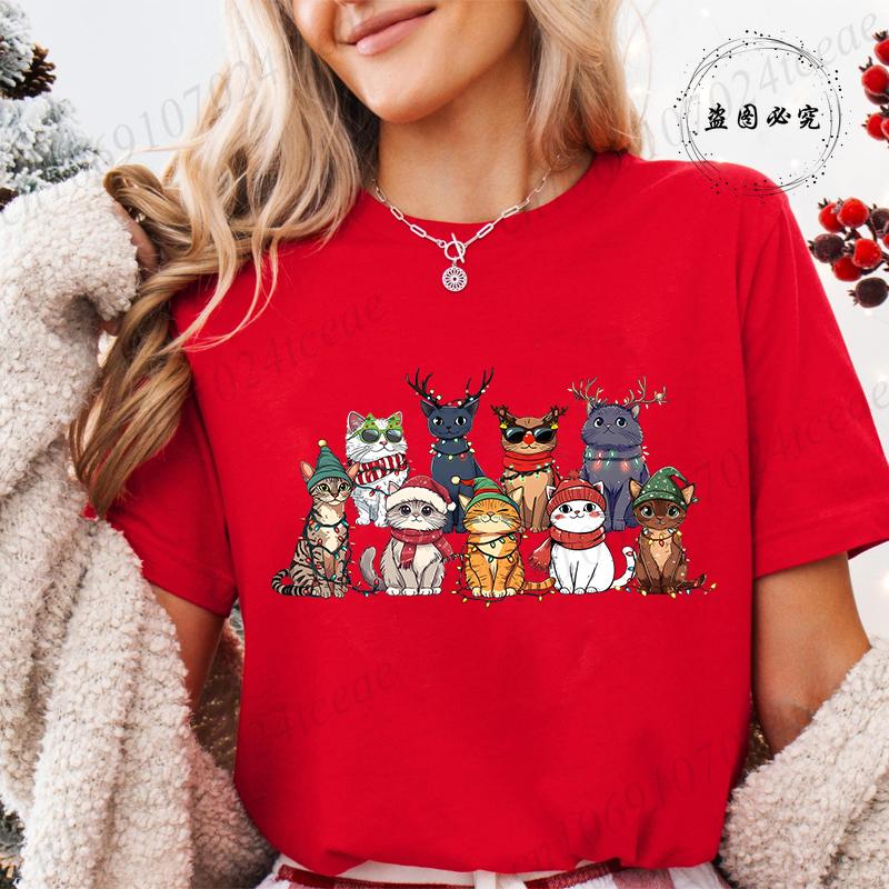 Funny Christmas Cat Women TShirt Xmas Cat Graphic TShirts Tops Short Sleeve Tees Casual Harajuku Street Tshirt Female Clothing