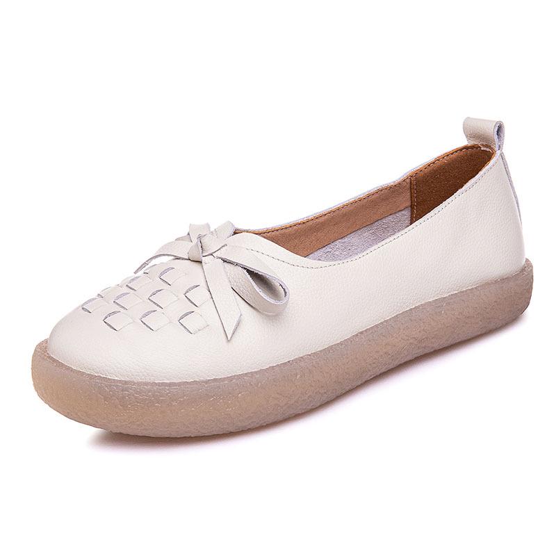 Women's White Cowhide Leather Casual Shoes - Spring/Summer 2025, Soft Jelly Sole, Flat Design