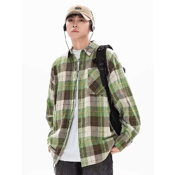 Hong Kong Style Green Plaid Shirt Long Sleeve Japanese-Style Retro Autumn Boys Ruan Handsome Couple Loose Casual Shirt Coat