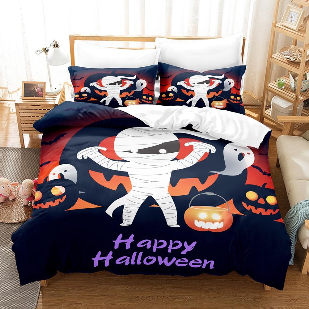 Halloween Sängkläder Set Sött Tecknat Vitt Spökmönster Sängkläder Set Sovrumsdekor för Barn Halloween-presenter Halloween-dekorationer