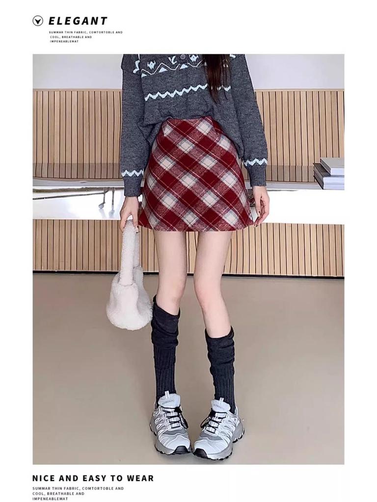 Women's 2025 Retro High-Waist Wool Blend Plaid Mini Skirt - Petite Bodycon A-Line for Autumn/Winter