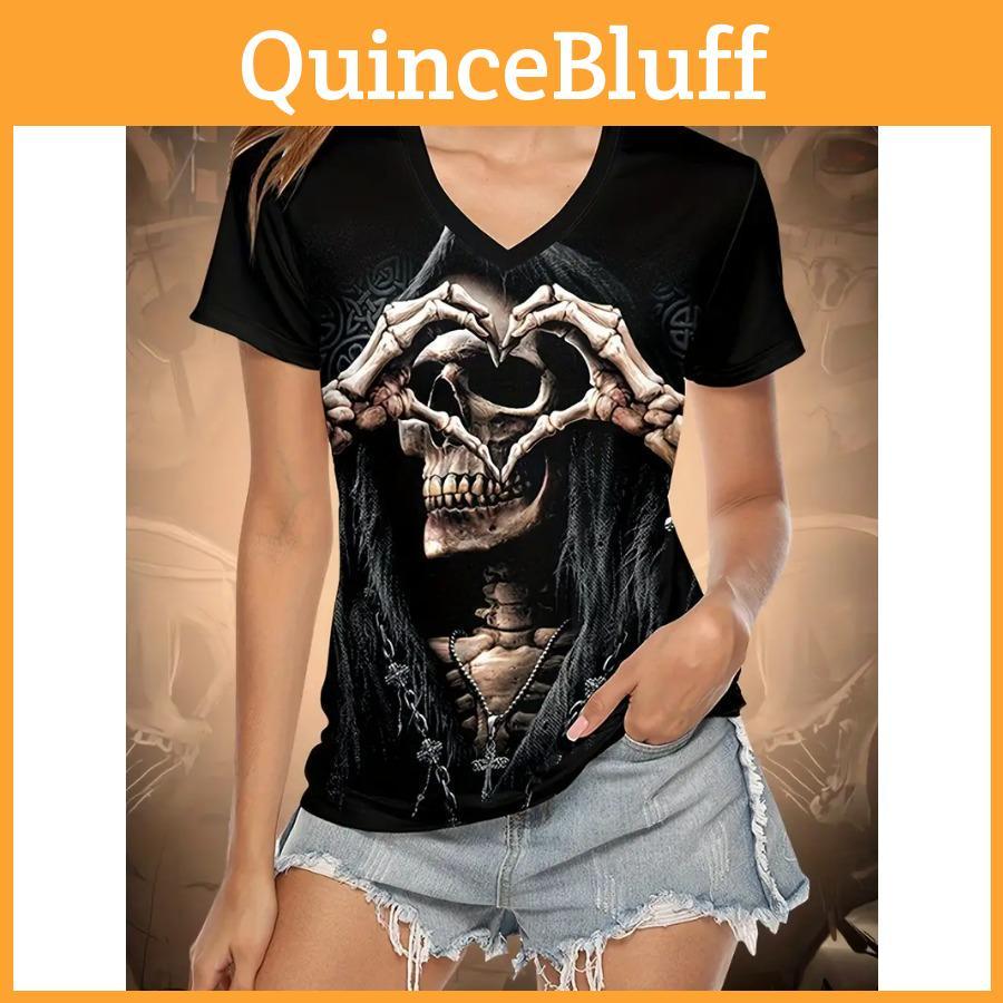 Skull Vibrant Vneck Tee Print Soft Breathable Casual Short Sleeve Top For Spring Summer Womens Fashion Clothing For Everyday Wear