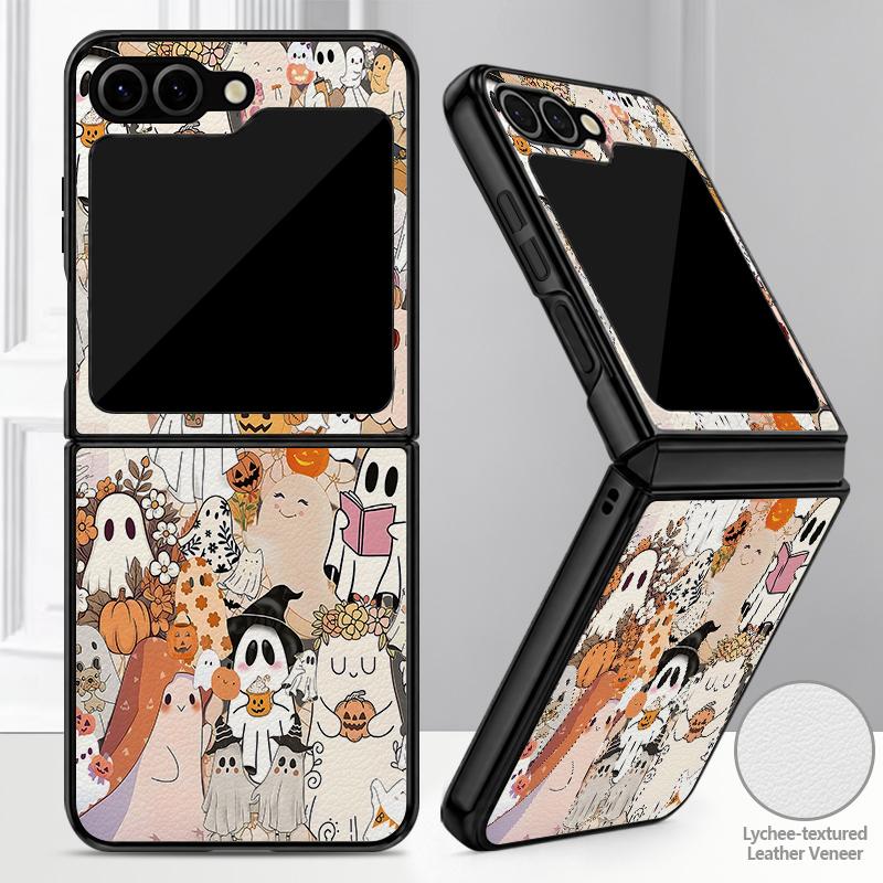 Funda de Halloween Linterna de Calabaza Fantasma Para Samsung Galaxy Z Flip 8 7 FE 6 5 4 Z Flip8 Flip7 Flip6 Flip5 Piel Híbrida de Cuero Bumper Duro de PC Cubierta