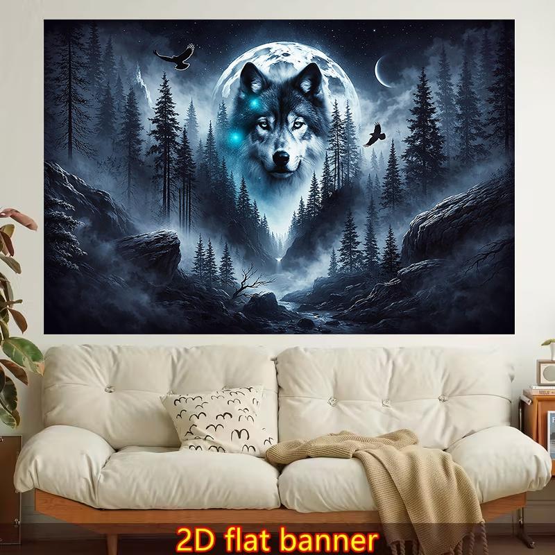 Textilien Unisex Wolf Moon Tapestry, Majestic Wolf With Glowing Eyes In Pine Forest, Full Moon Night Scene Wall Hanging For Bedroom Living Deco