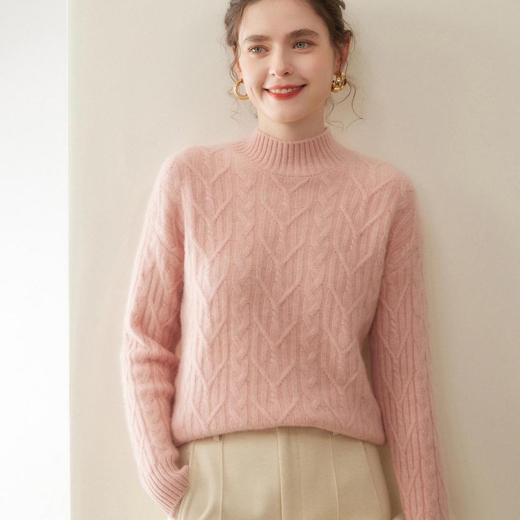 Women's Thickened Half-High Neck Cable Knit Cashmere Sweater - Soft, Versatile Autumn/Winter Pullover