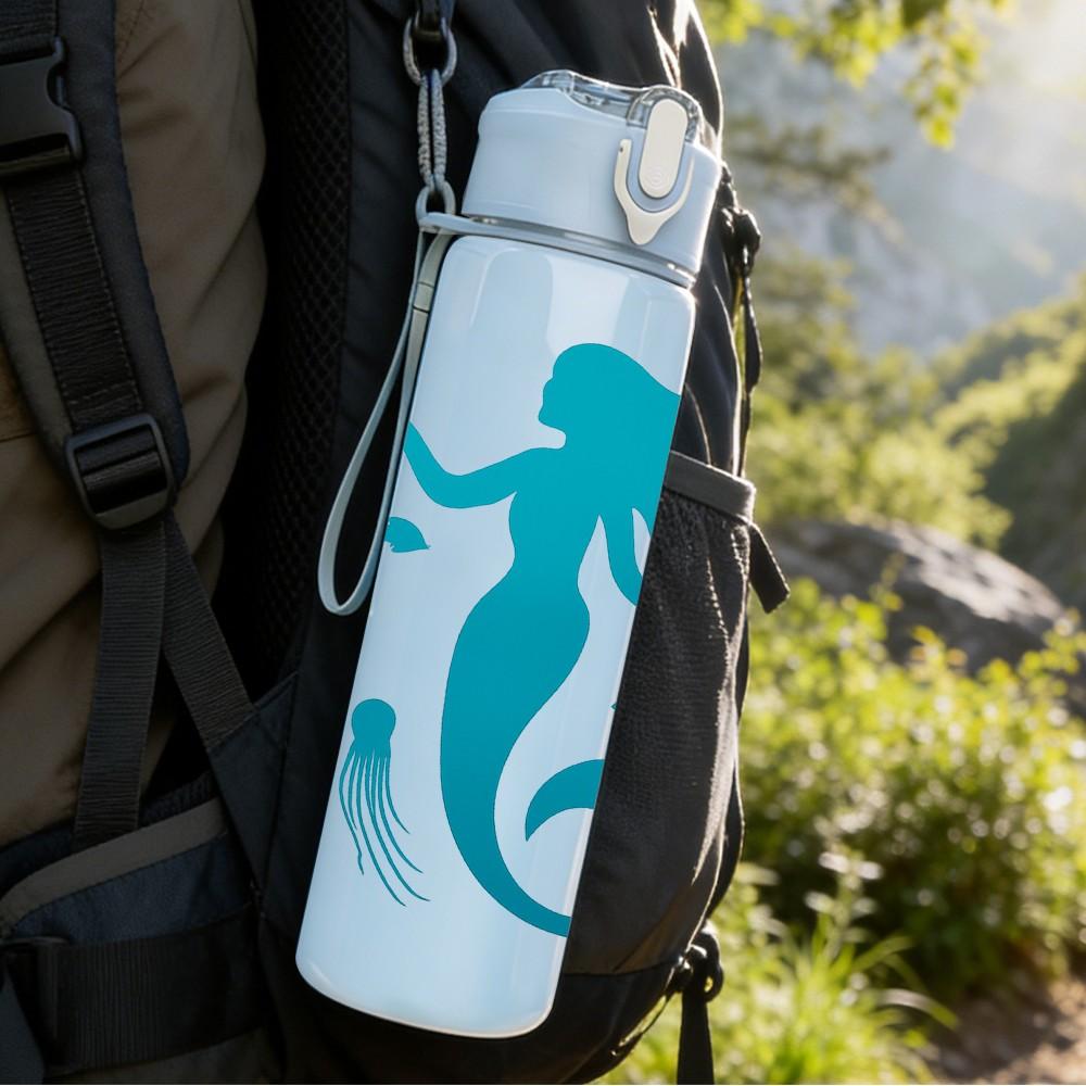 1PC Blue Mermaid Ocean Art 750ml Color Plastic Sports Water Bottle Leakproof Flip Straw Lid Suitable for Sports Office Home Use