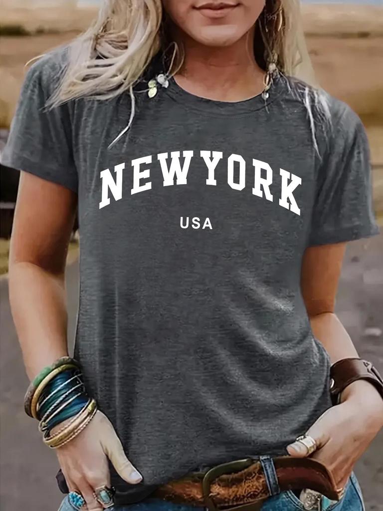 Women's Short-Sleeve Round Neck T-Shirt with NEW YORK Print - Stylish Summer Casual Wear