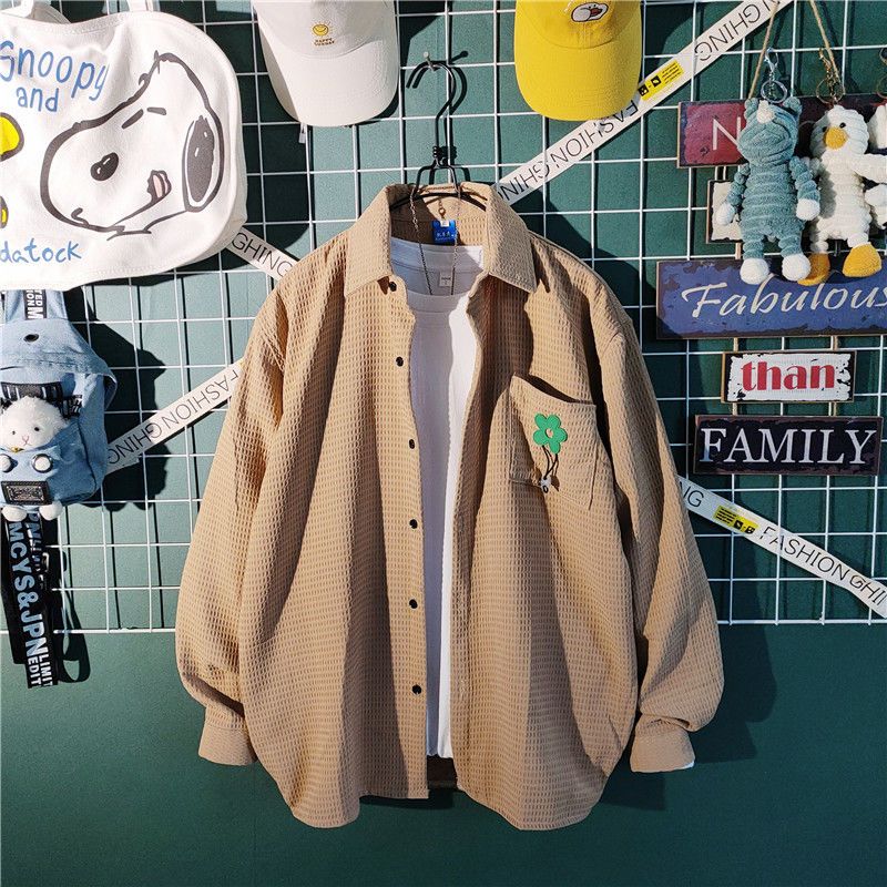 Spring and Autumn Japanese Style Design Sense Small Crowd Waffle Hong Kong Style Decal Loose Relaxed Men's Shirt Thin Coat