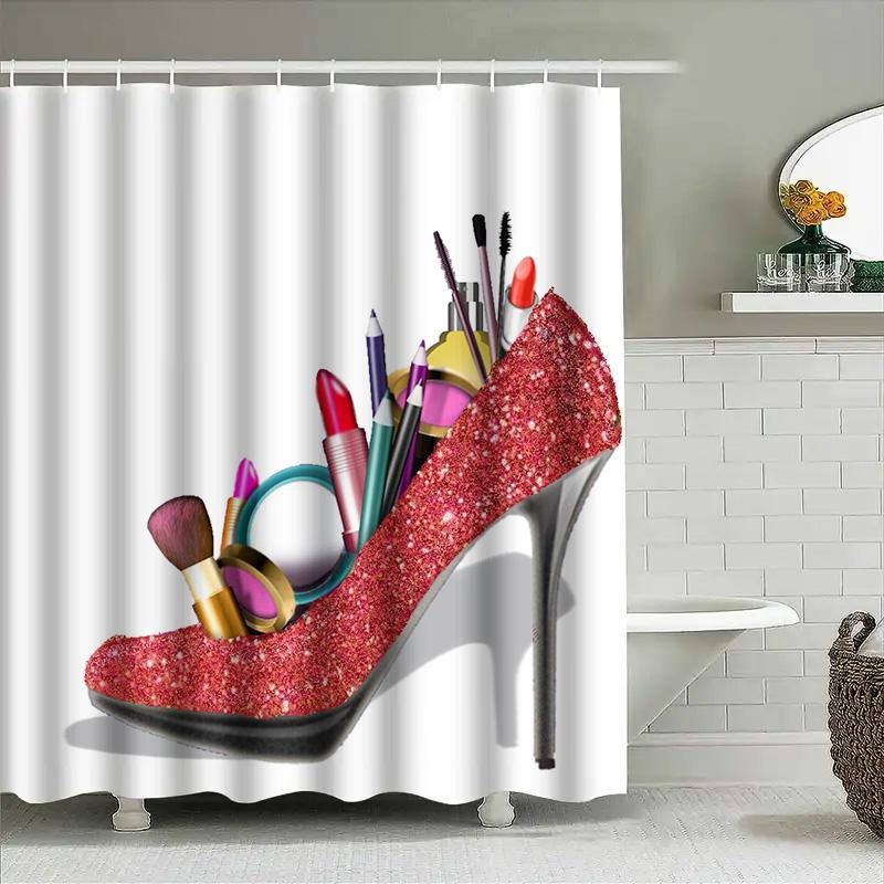 Luxury Heels Makeup Shower Curtain With Sequins Fashion Bathroom Decor For Women'S Cosmetics Display Ideas