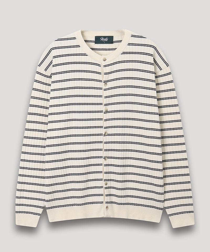 Nodu Block Stripe Round Knit Cardigan [Ivory]