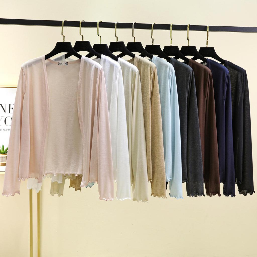 Dámský lehký kardiganový šál s dlouhým rukávem na jaro/léto 2025 - Slim pletená klimatizační bunda