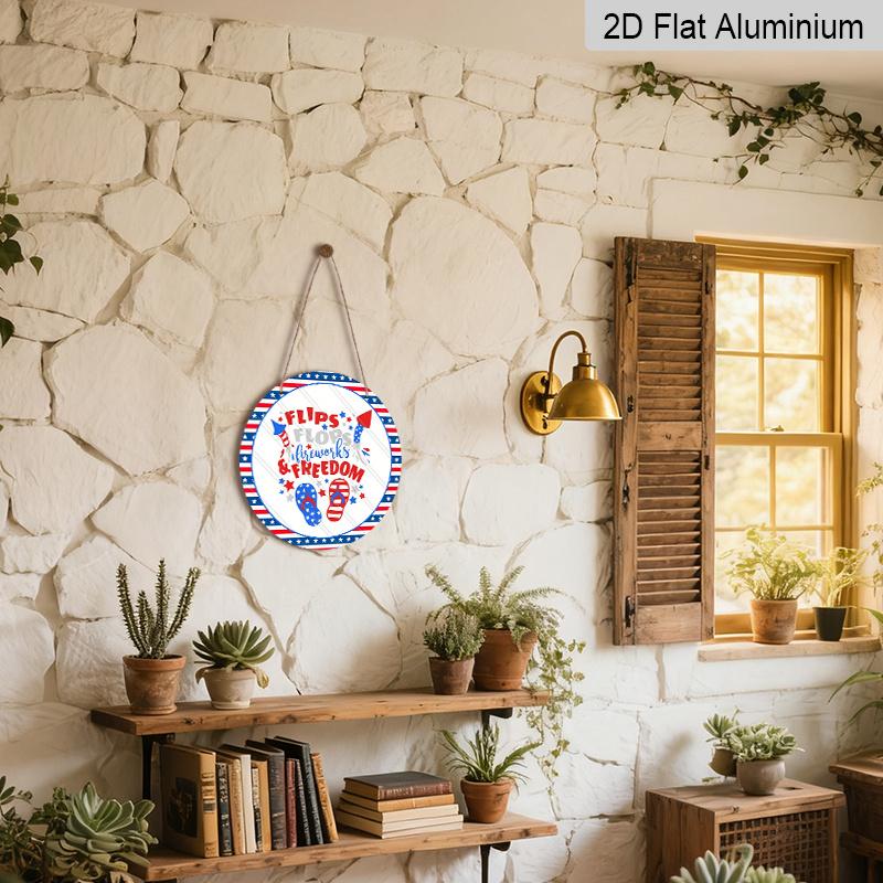 2D Flat, 1pc Patriotic 4th of July Metal Decorative Plaque, Red White Blue Flip Flops Fireworks USA Flag Design, Durable Indoor Outdoor Sign, Perfect