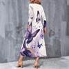 Women Plus Size V Neck Long Sleeve Black Multicolor Printed A Line Midi Dress With Pockets