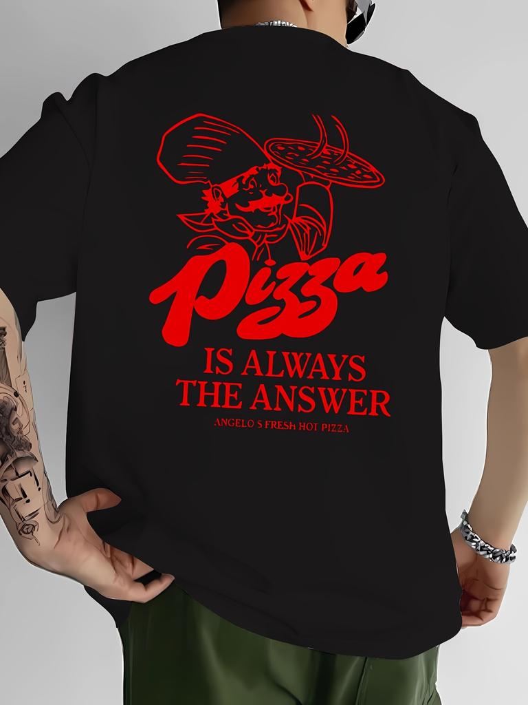 Spring and Summer New Mens Cotton Pizza Letter Pattern Printed Tshirt Casual and Fashionable Short Sleeved Round Neck Tshirt