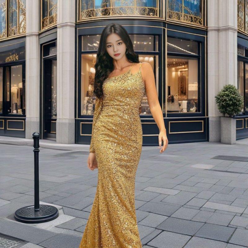 2025 V-neck Off-shoulder Sequin Bodycon Gown with Train
