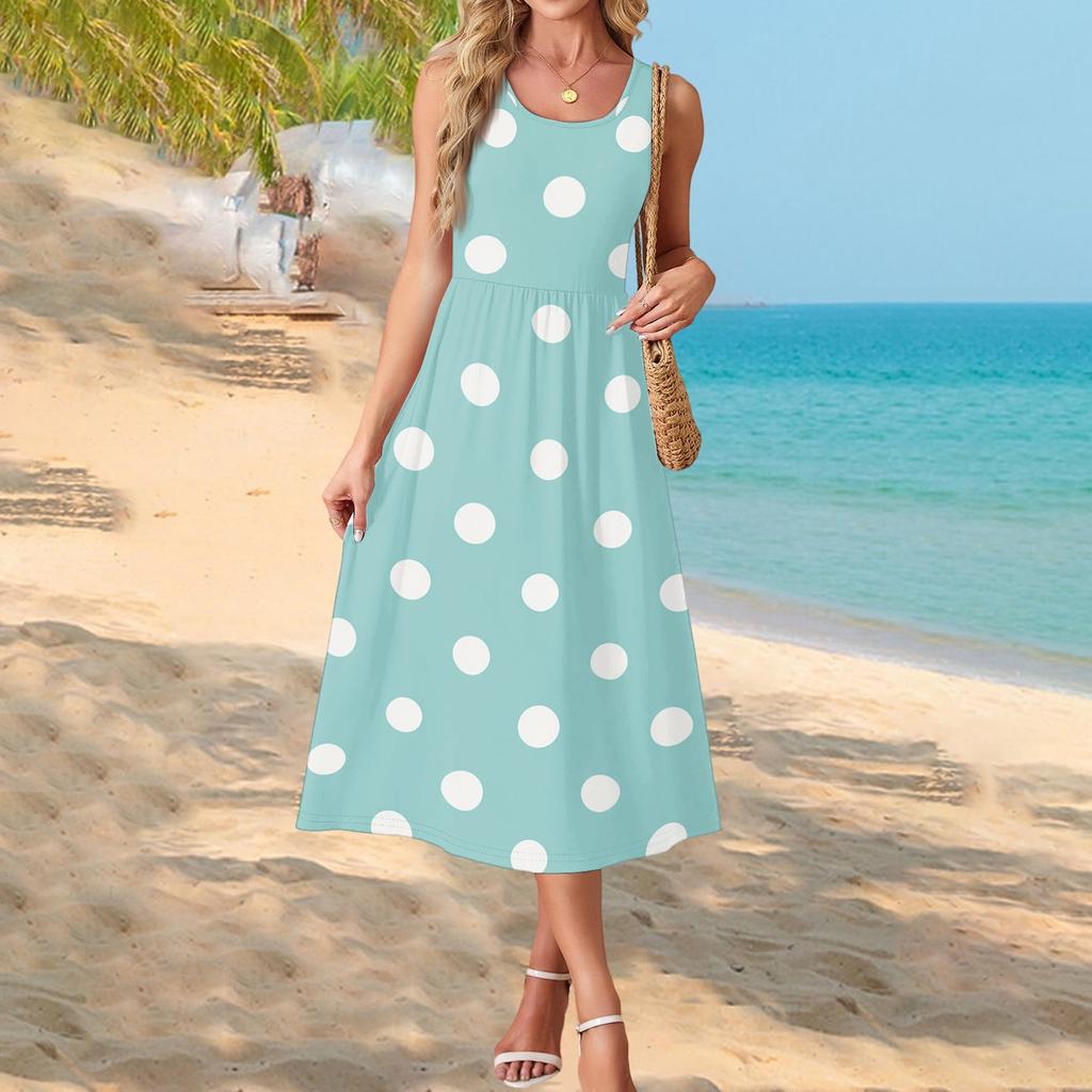 Women's Polka Dot Summer Dress, Casual Flowy Beach Sundress with Pockets, Lightweight Vacation Outfit