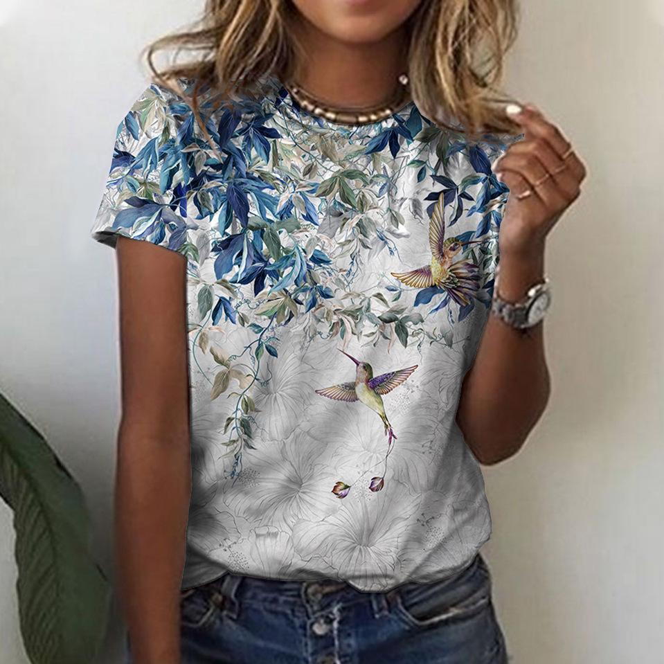 Women's Summer Loose 3D Printed Floral Round Neck Pullover Short Sleeved Top T-shirt