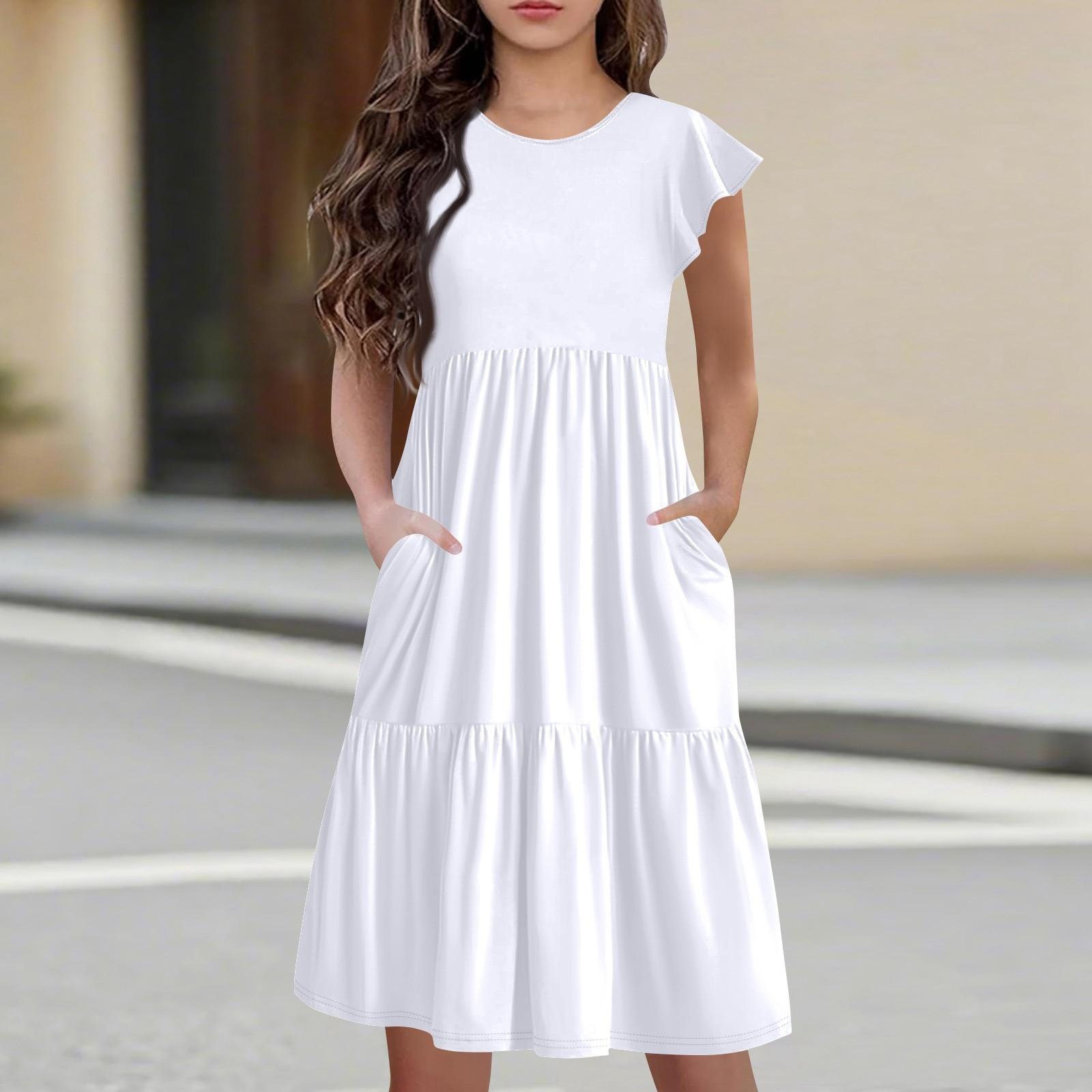 

Детская юбка с круглым вырезом, плиссированная, с коротким рукавом, юбка принцессы, модное повседневное платье с карманами для девочек 90 белый