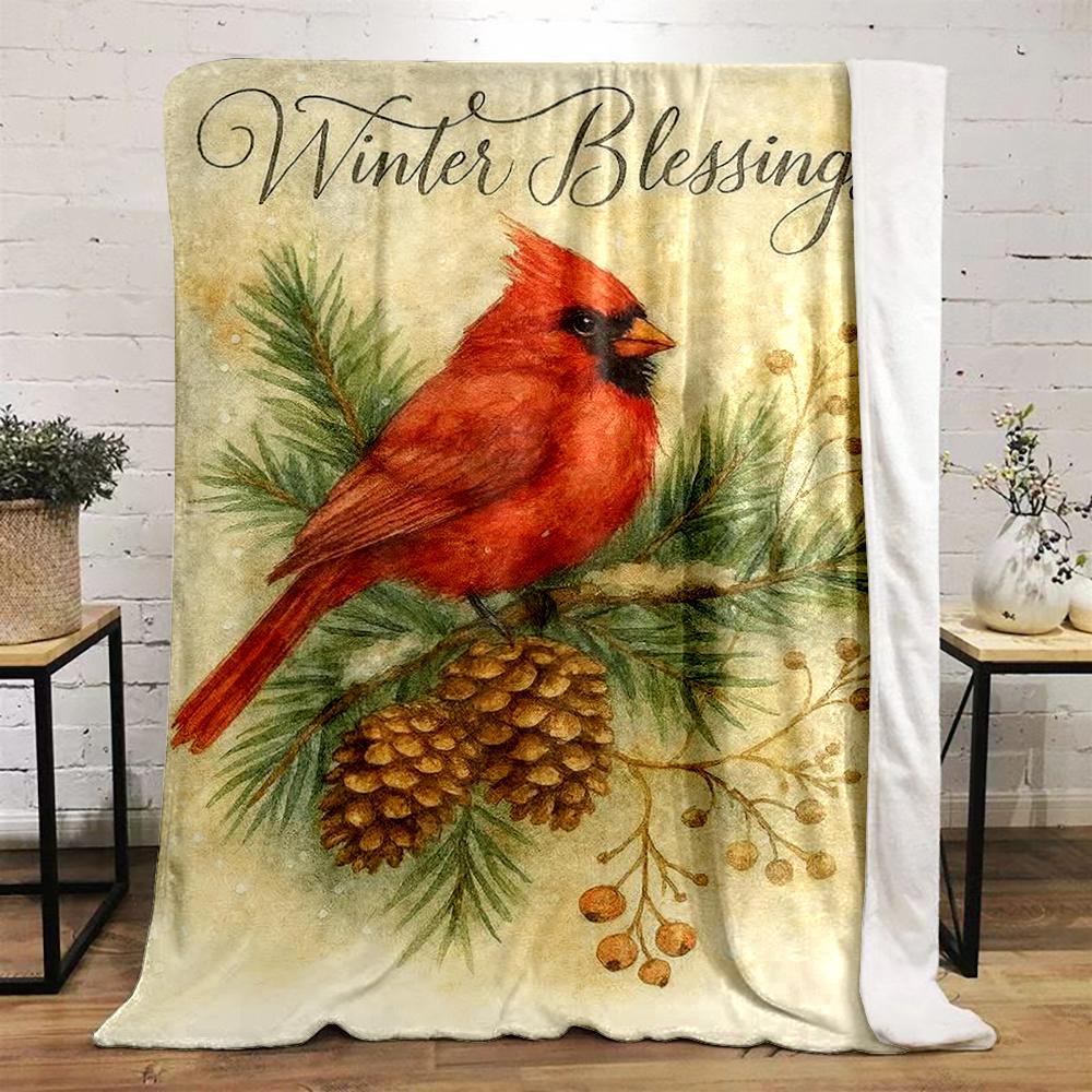 Red Cardinal on Pine Branch with Winter Blessings - Flannel blanket for bedroom, living room, sofa, and nap
