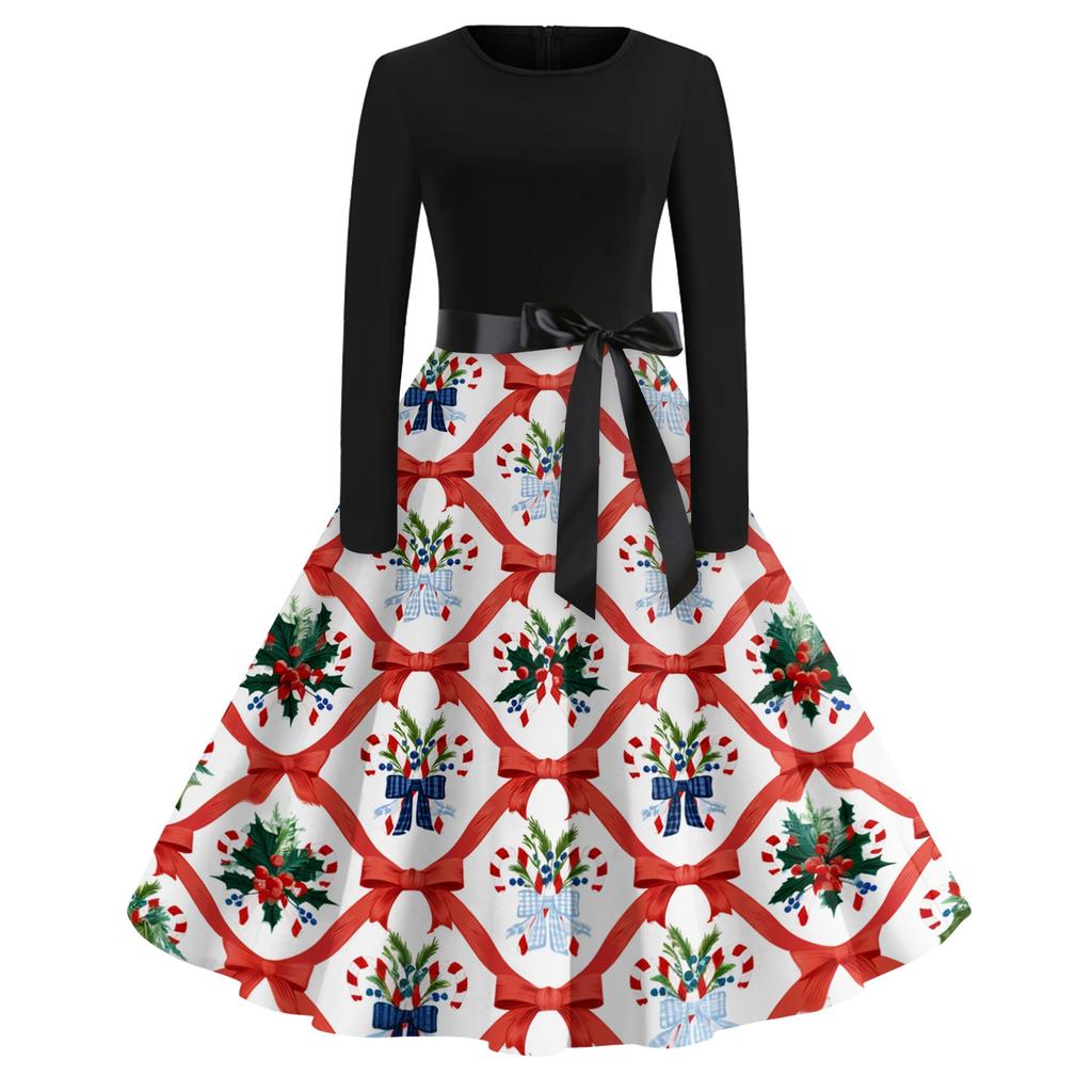 Women's Vintage Christmas Print Long Sleeve Round Neck Evening Party Dress for Holiday Events