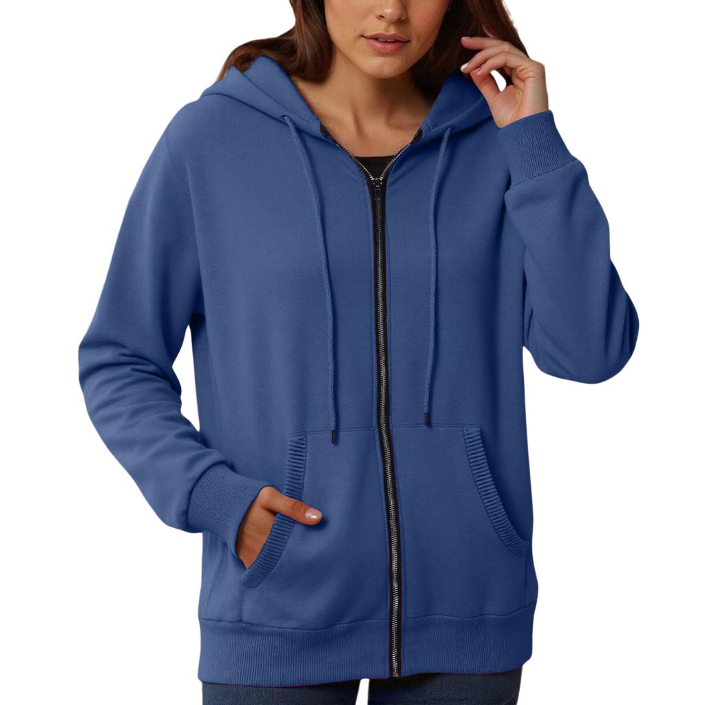 Women's Loose And Comfortable Zipper V-neck Long Sleeved Solid Color Pullover Sweatshirt Jacket