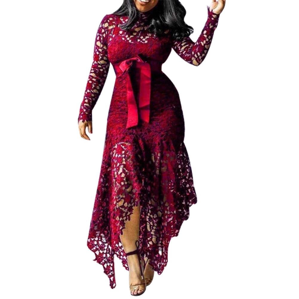 TS Women Long Sleeve Bow Belted Irregular Hem Hollow Lace Bodycon Long Dress