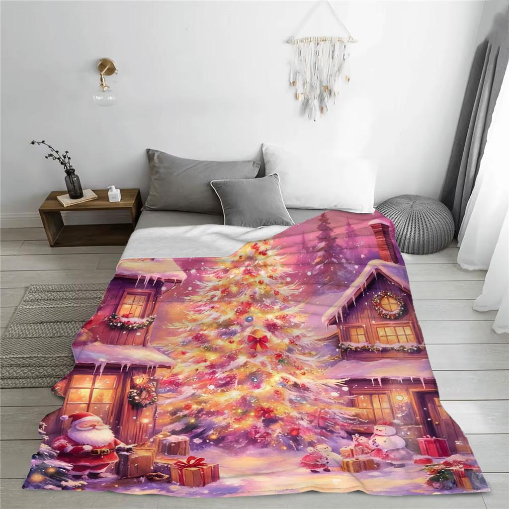1pc Pink Blanket Marry Christmas Tree 3D Print Smooth Flannel Blanket for Home Living Room Bedroom Decor New Year Christmas Gift