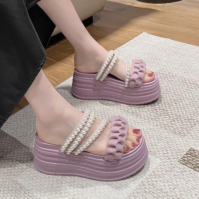 Fashion Fairy Style Thick Bottomed Sponge Cake with Two Pairs of Sandals for Women's Outdoor Summer Sloping Heel Beaded Sandals