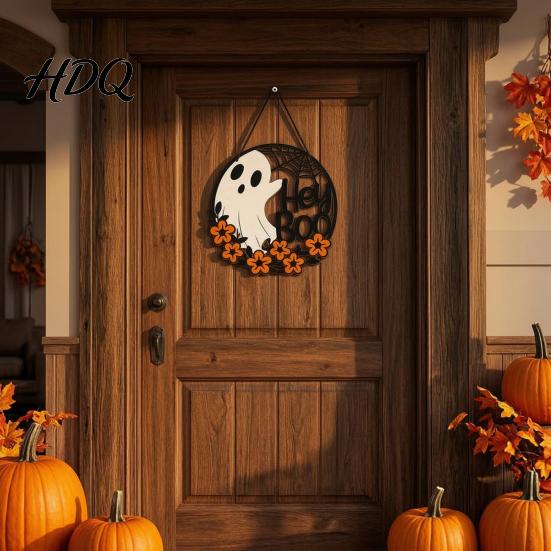 Outdoor Holiday Decoration Halloween Ghost Door Sign, Cute Hey Boo Wooden Hanging Wreath Decoration, Durable Solid Wood Sign Round Rustic Farmhouse