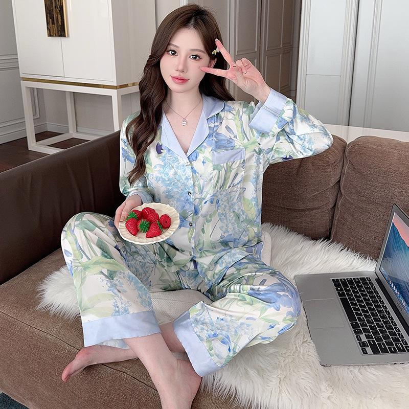 New Long-sleeved Large-size Printing Suit Internet Celebrity Summer Pajamas Women's Ice Silk Outer Loungewear