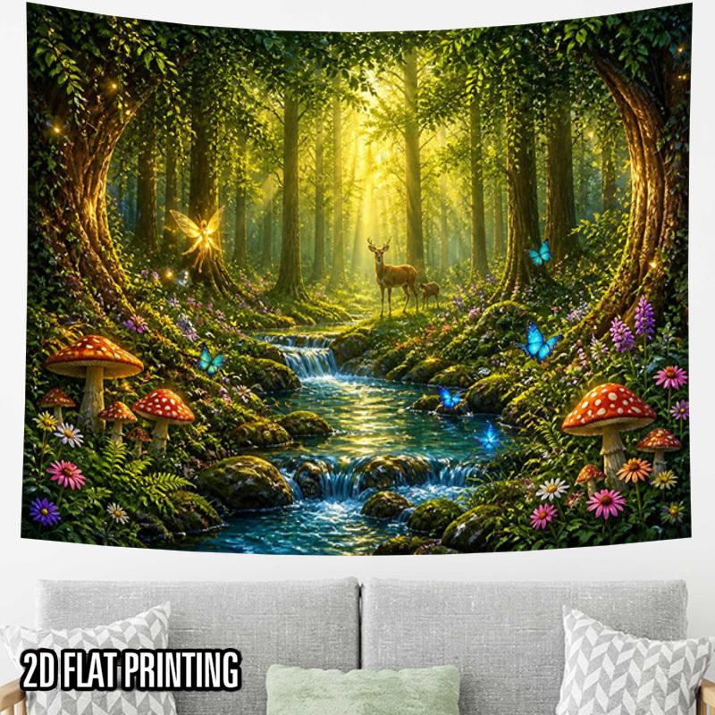 2D Flat - 2D Flat - 2D Flat Print 1pc Tapestry Forest Stream Deer Tapestry, Magical Nature Scene Wall Hanging Oversized Polyester Fabric Perfect for D