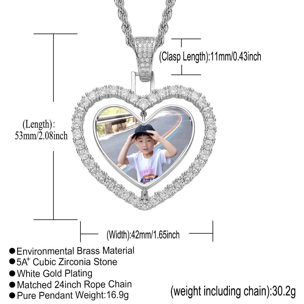 European Double-Sided Heart Photo Necklace with Rotatable Zirconia-Inlaid Frame Silver with 3mm*60cm stainless steel chain