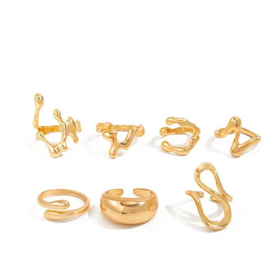 Ingemark 7Pcs/Set Creative Irregular Open Adjustable Rings for Women New Trend Vintage Gold Color Lava Rings Couple Jewelry Gift