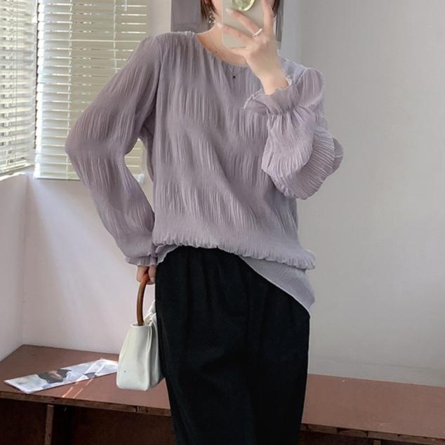 Camicia in Chiffon con Maniche Svasate Plissettate Blusa Donna Girocollo Tinta Unita Ampia Versatile Camicia a Maniche Lunghe Top