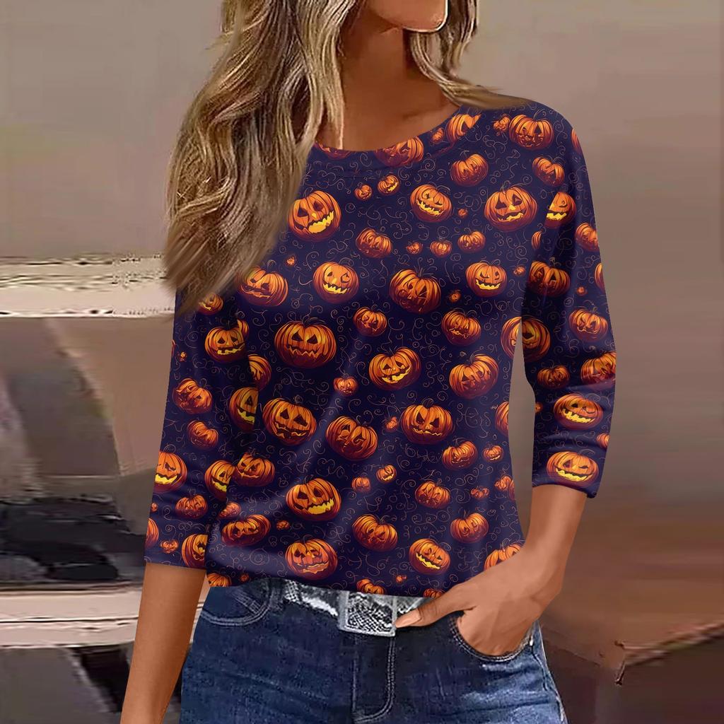 Women's 3/4 Sleeve Casual Loose Fit Round Neck Shirt Halloween Pumpkin Print T-Shirt Comfortable Lightweight Top for Everyday Wear
