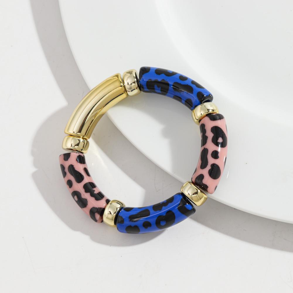 Leopard Colorful Bamboo Curved Tube Bracelets for Women Men Punk Resin Thick Beaded Elastic Stackable Bangles Retro Jewelry Gift